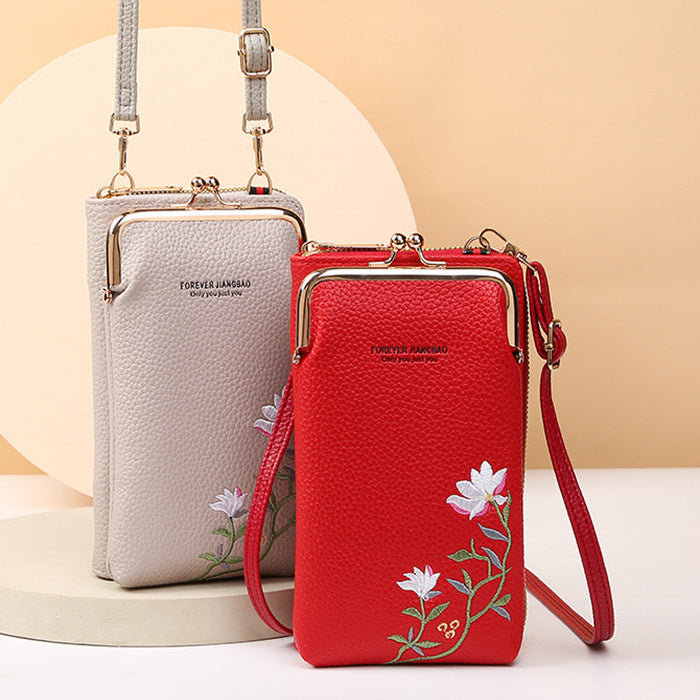 Flower Embroidery Phone Bag – Stylish Lock Buckle Crossbody & Shoulder Bag, Fashionable Long Wallet for Outdoor & Travel