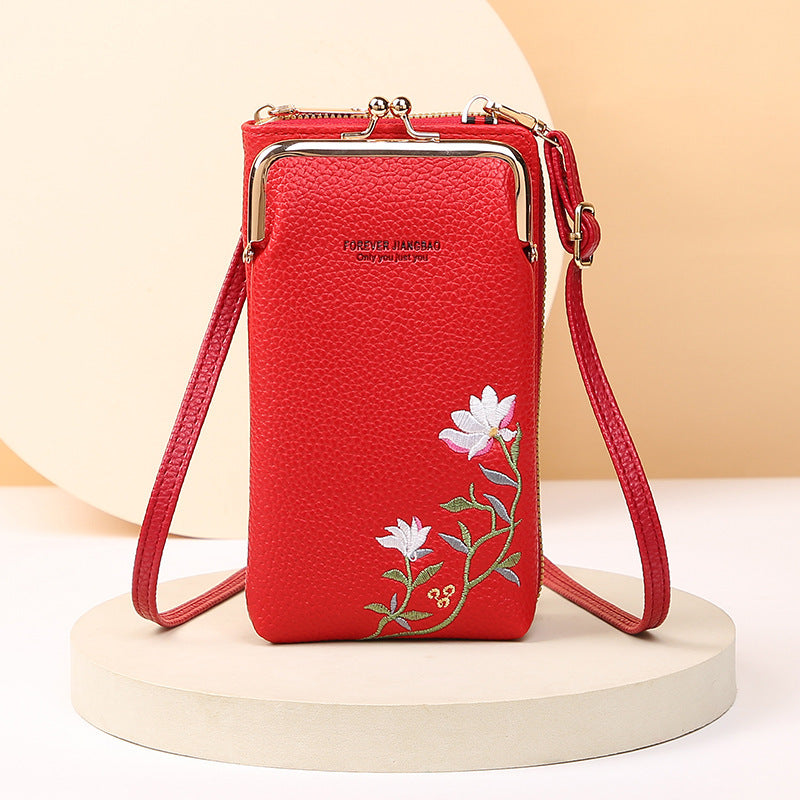 Flower Embroidery Phone Bag – Stylish Lock Buckle Crossbody & Shoulder Bag, Fashionable Long Wallet for Outdoor & Travel