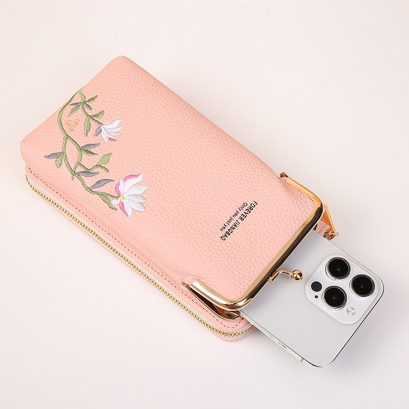 Flower Embroidery Phone Bag – Stylish Lock Buckle Crossbody & Shoulder Bag, Fashionable Long Wallet for Outdoor & Travel