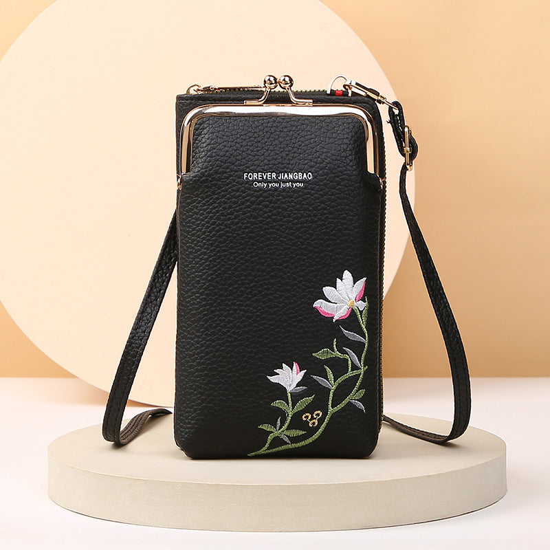 Flower Embroidery Phone Bag – Stylish Lock Buckle Crossbody & Shoulder Bag, Fashionable Long Wallet for Outdoor & Travel