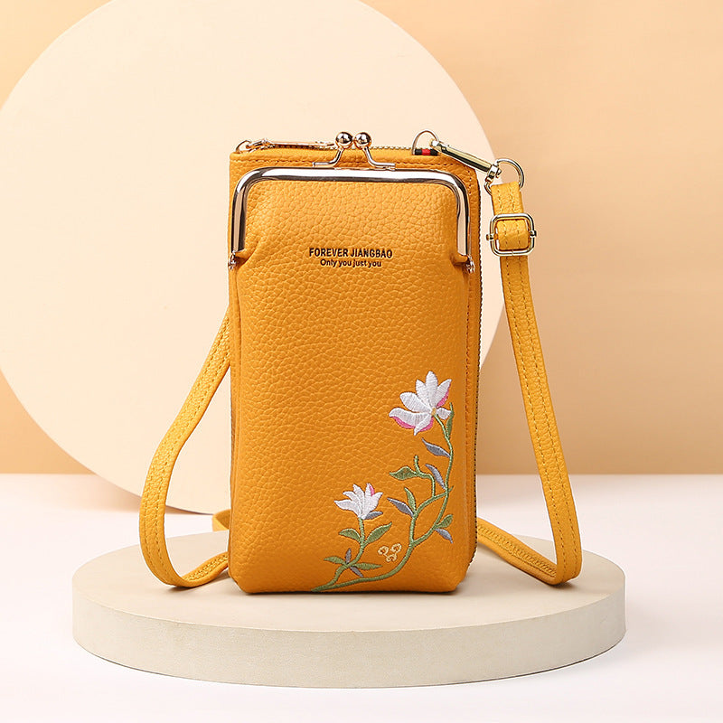 Flower Embroidery Phone Bag – Stylish Lock Buckle Crossbody & Shoulder Bag, Fashionable Long Wallet for Outdoor & Travel