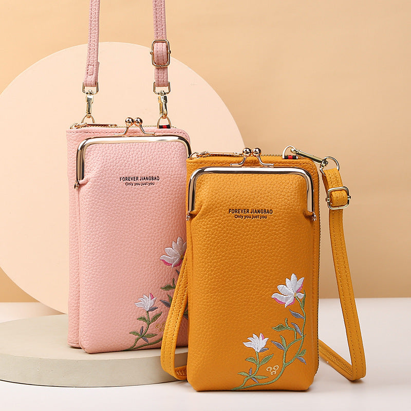 Flower Embroidery Phone Bag – Stylish Lock Buckle Crossbody & Shoulder Bag, Fashionable Long Wallet for Outdoor & Travel