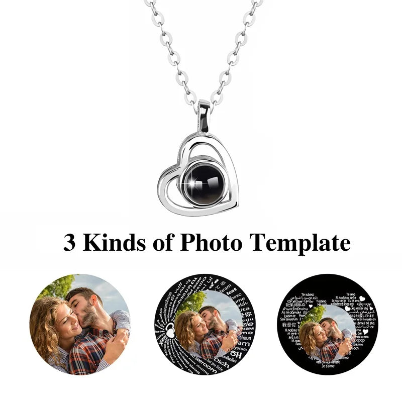 Custom Photo Projection Necklace - Heart Pendant with "I Love You" in 100 Languages