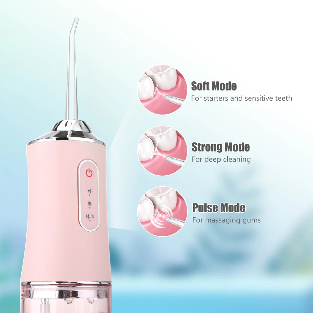 Portable USB Rechargeable Oral Irrigator, 3 Modes Water Flosser with 4 Jet Tips, 220ml IPX7 Waterproof, 1400rpm