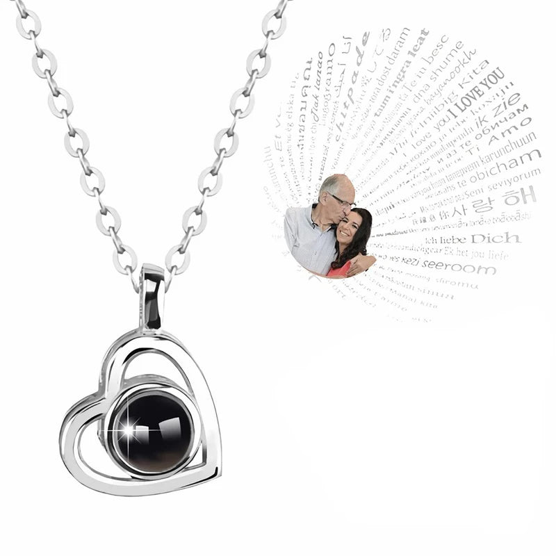 Custom Photo Projection Necklace - Heart Pendant with "I Love You" in 100 Languages