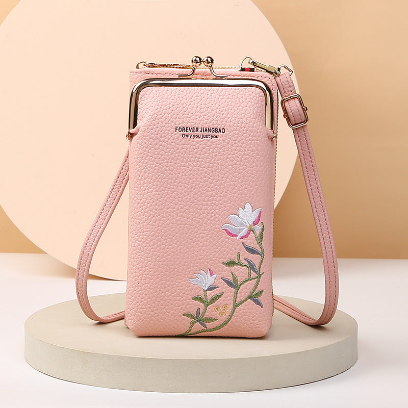 Flower Embroidery Phone Bag – Stylish Lock Buckle Crossbody & Shoulder Bag, Fashionable Long Wallet for Outdoor & Travel