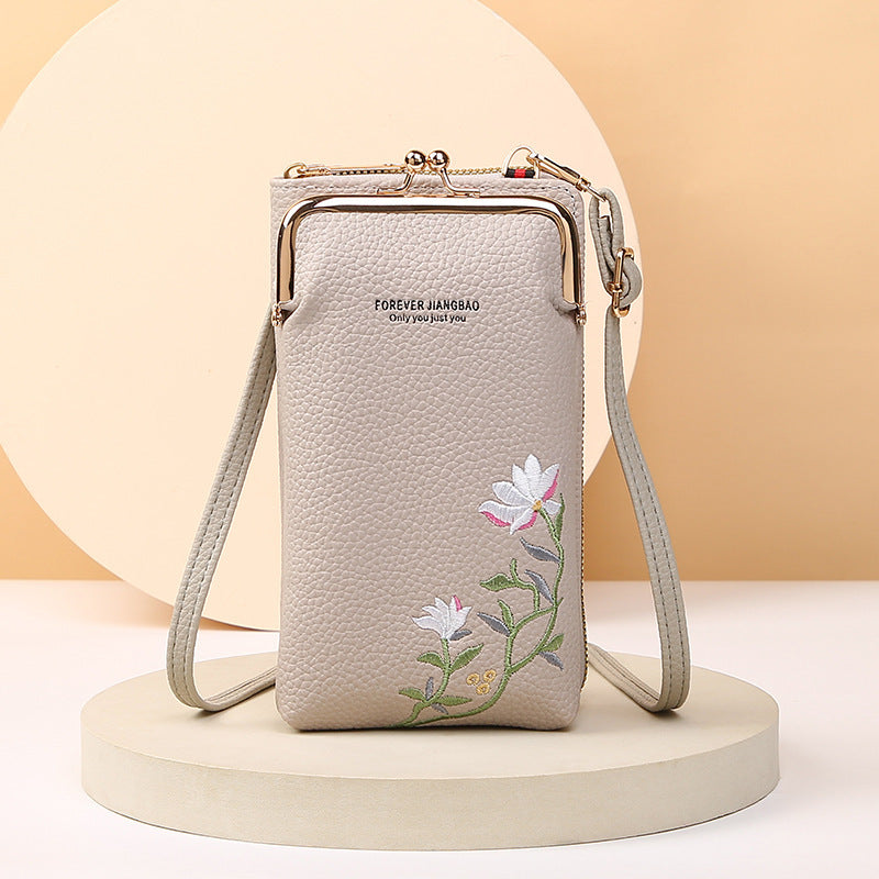 Flower Embroidery Phone Bag – Stylish Lock Buckle Crossbody & Shoulder Bag, Fashionable Long Wallet for Outdoor & Travel