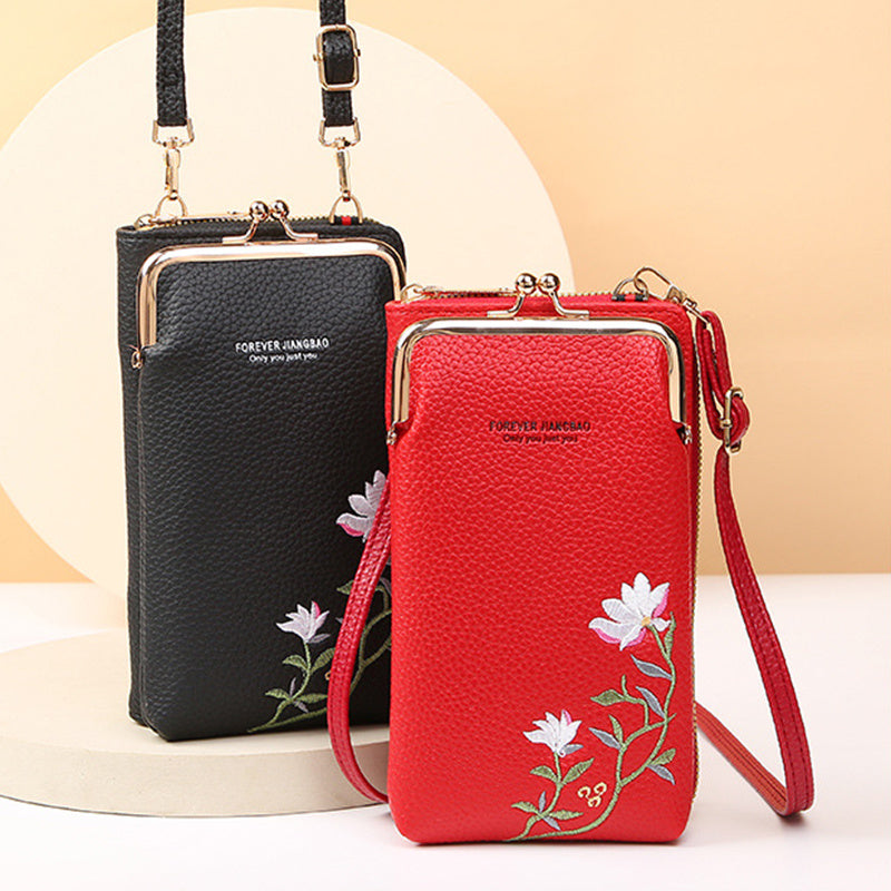 Flower Embroidery Phone Bag – Stylish Lock Buckle Crossbody & Shoulder Bag, Fashionable Long Wallet for Outdoor & Travel