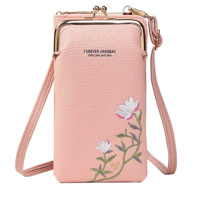 Flower Embroidery Phone Bag – Stylish Lock Buckle Crossbody & Shoulder Bag, Fashionable Long Wallet for Outdoor & Travel